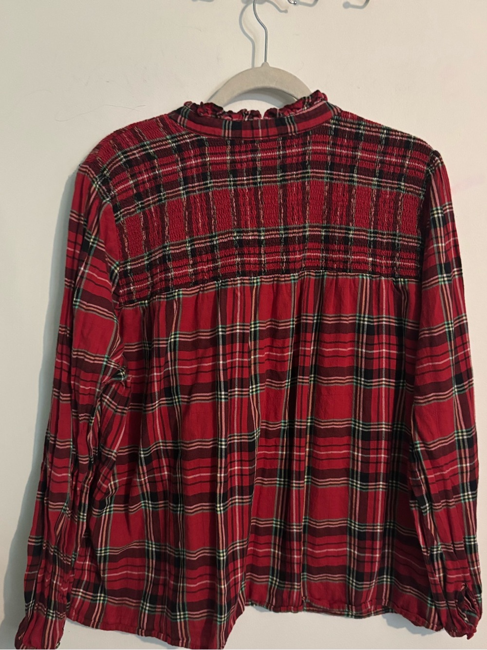 J Crew Womens XXL Red Black Tartan Plaid Flannel Ruffle Collar Popover Top - Picture 2 of 9